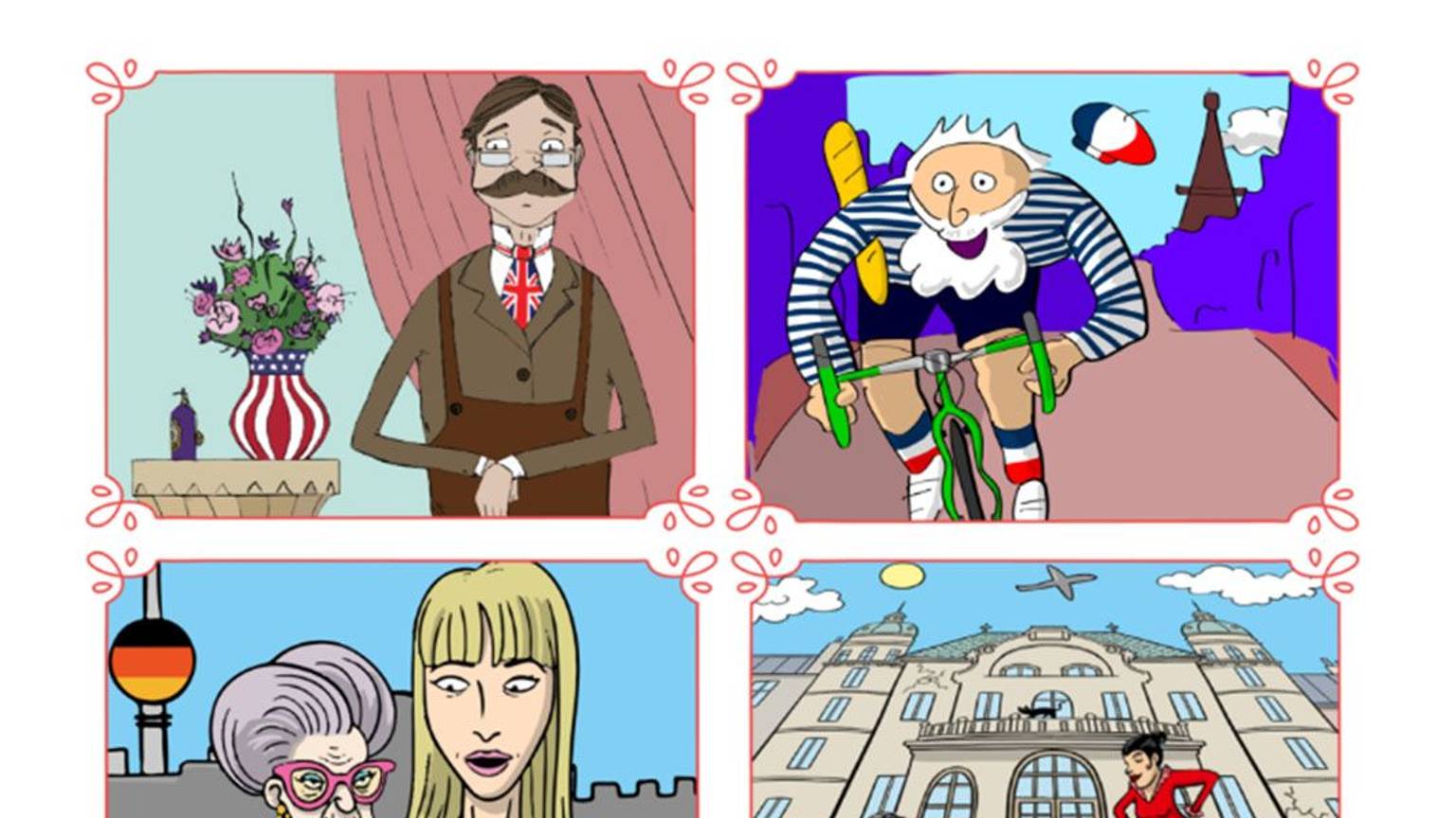 Gymglish Comic Bilder mit Figuren aus den verschiedenen Fremdsprachen Lektionen.