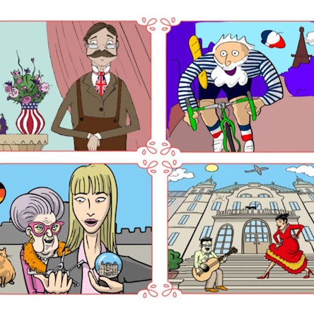 Gymglish Comic Bilder mit Figuren aus den verschiedenen Fremdsprachen Lektionen.