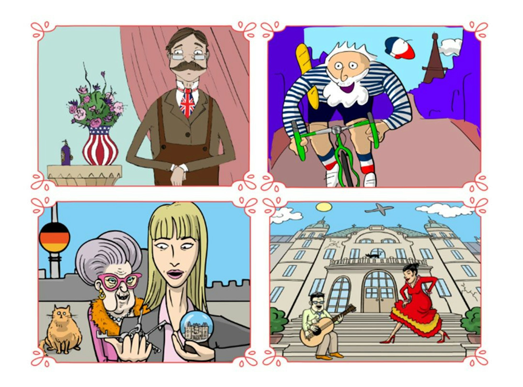 Gymglish Comic Bilder mit Figuren aus den verschiedenen Fremdsprachen Lektionen.