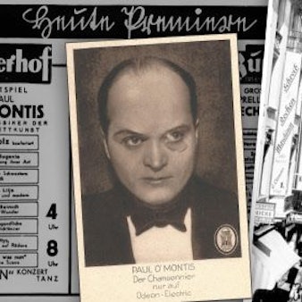 Die Collage zeigt eine Anzeige für die Kabarettfestspiele im Kaiserhof, eine Original-Autogrammkarte des Künstlers Paul O'Montis und eine Aufnahme der Salomonsgasse aus den 1930er Jahren