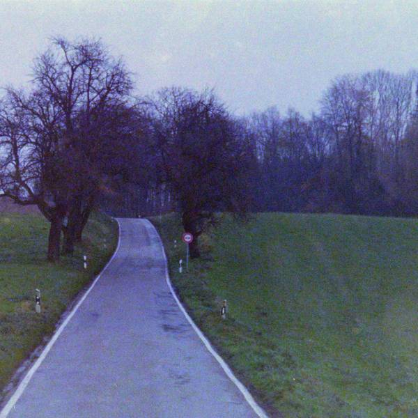 Eine schmale asphaltierte Straße ohne Mittelstreifen schlängelt sich durch eine hügelige Landschaft, die von Ackerflächen und kleinen Waldstücken geprägt ist.
