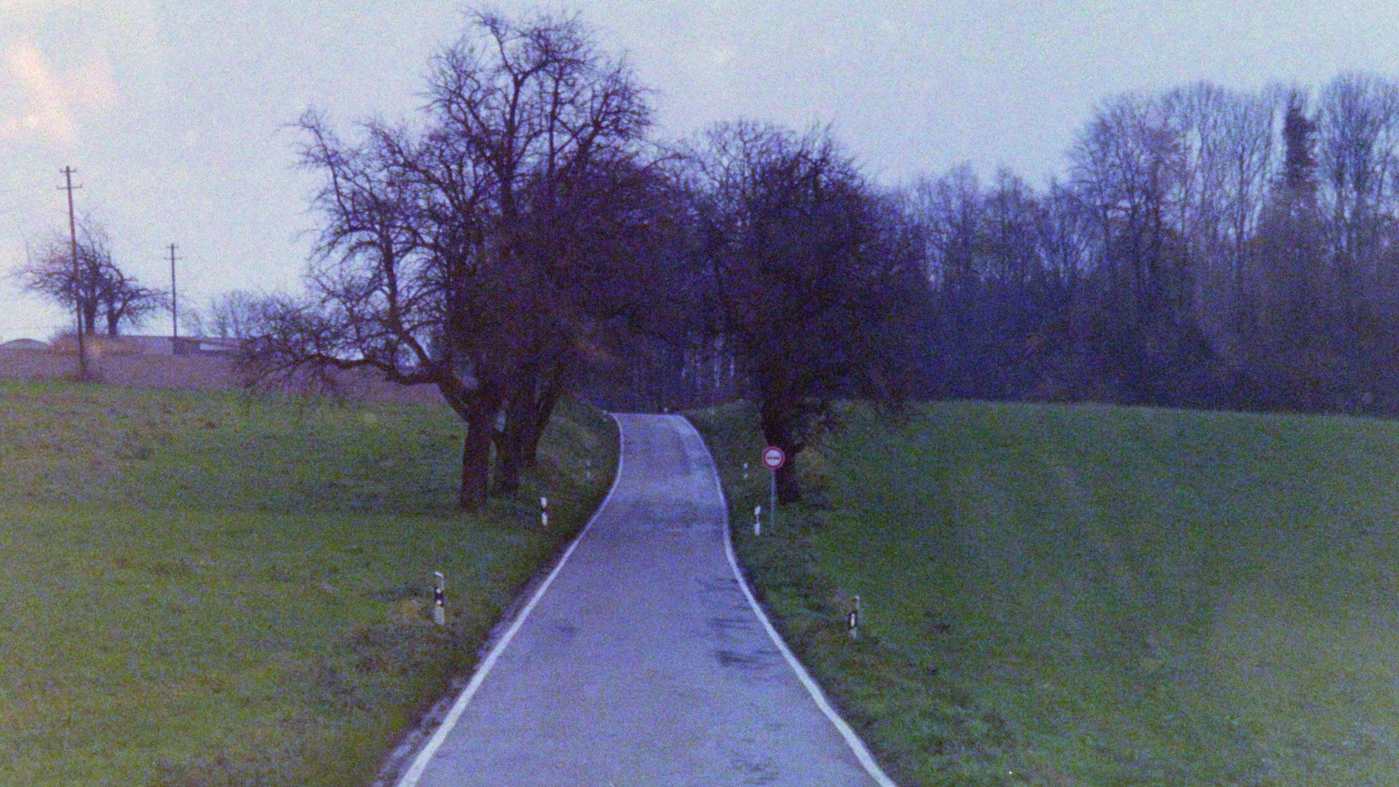 Eine schmale asphaltierte Straße ohne Mittelstreifen schlängelt sich durch eine hügelige Landschaft, die von Ackerflächen und kleinen Waldstücken geprägt ist.
