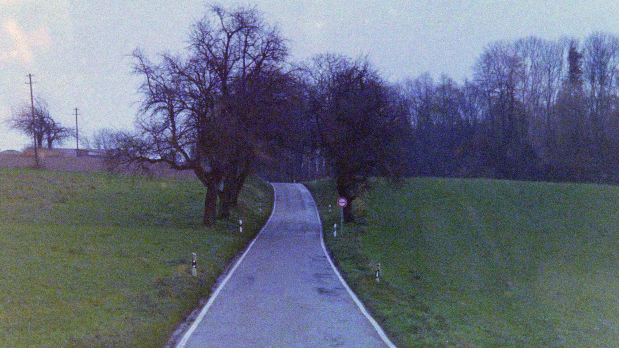 Eine schmale asphaltierte Straße ohne Mittelstreifen schlängelt sich durch eine hügelige Landschaft, die von Ackerflächen und kleinen Waldstücken geprägt ist.
