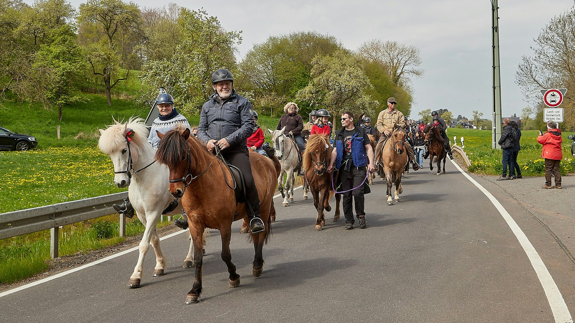 Mernschen sitzen auf Pferden die über eine Landstraße gehen.