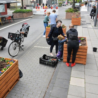 Deutzerinnen und Deutzer bepflanzen drei Beetkisten auf Parkplätzen und dem Bürgersteig auf der Deutzer Freiheit.