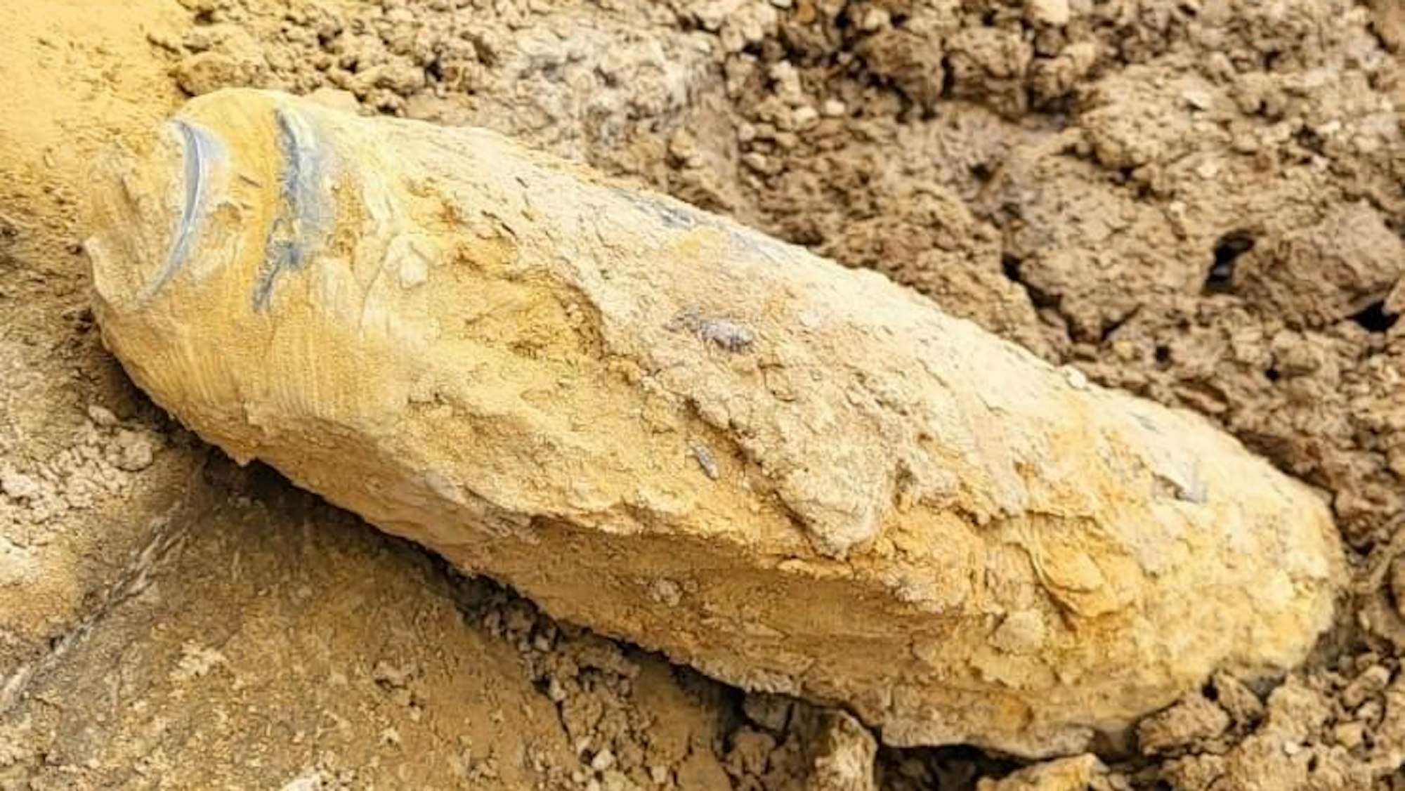 Eine Granate liegt in einem Haufen aus Schlamm.