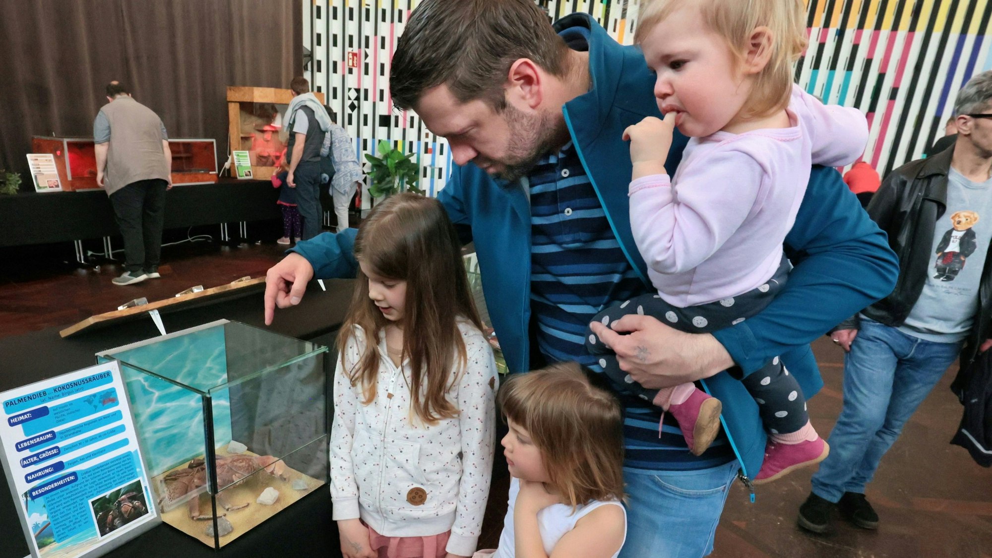 Ein Vater betrachtet mit seinen drei Töchtern Spinnen im Forum Leverkusen.