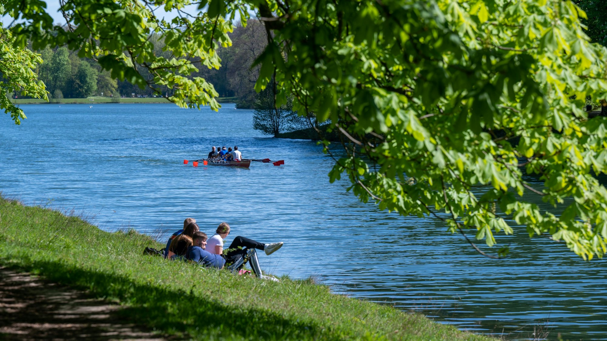 Personen sitzen auf der Wiese am Decksteiner Weiher in Köln.