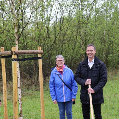 Die drei Personen stehen auf einer Wiese um den jungen Baum herum.