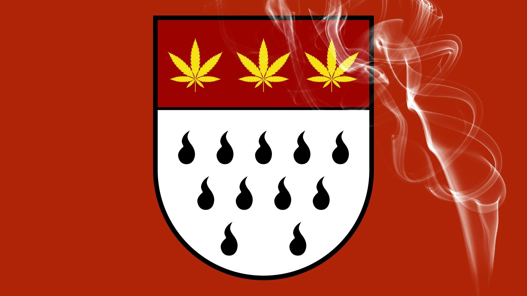 Das Kölner Stadtwappen als Montage mit Hanfblättern auf rotem Grund.