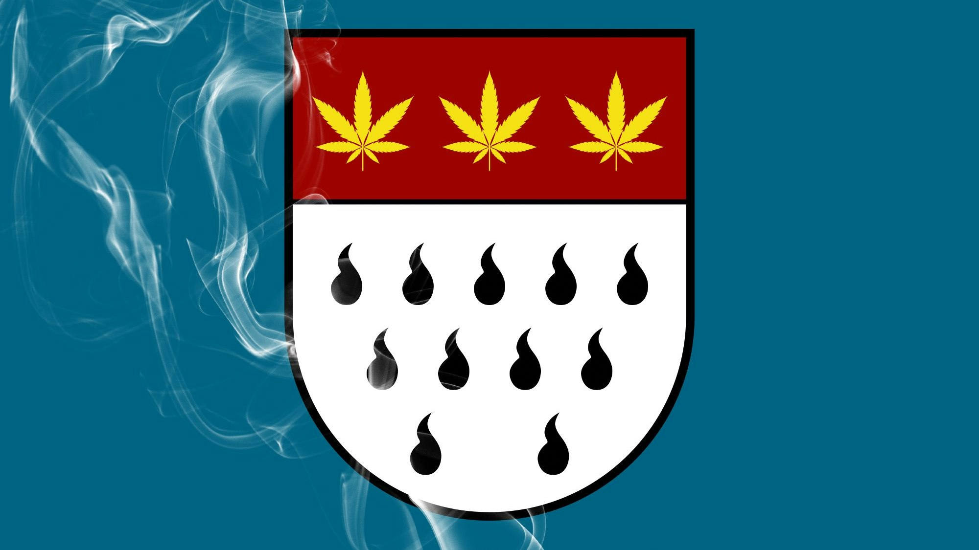 Das Kölner Stadtwappen mit Hanfblättern auf blauem Grund.