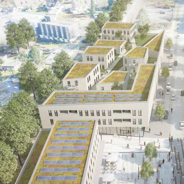 Entwurf des neuen Burscheider Einzelhandelskomplexes zwischen Montanusstraße (rechts) und Radweg (links).