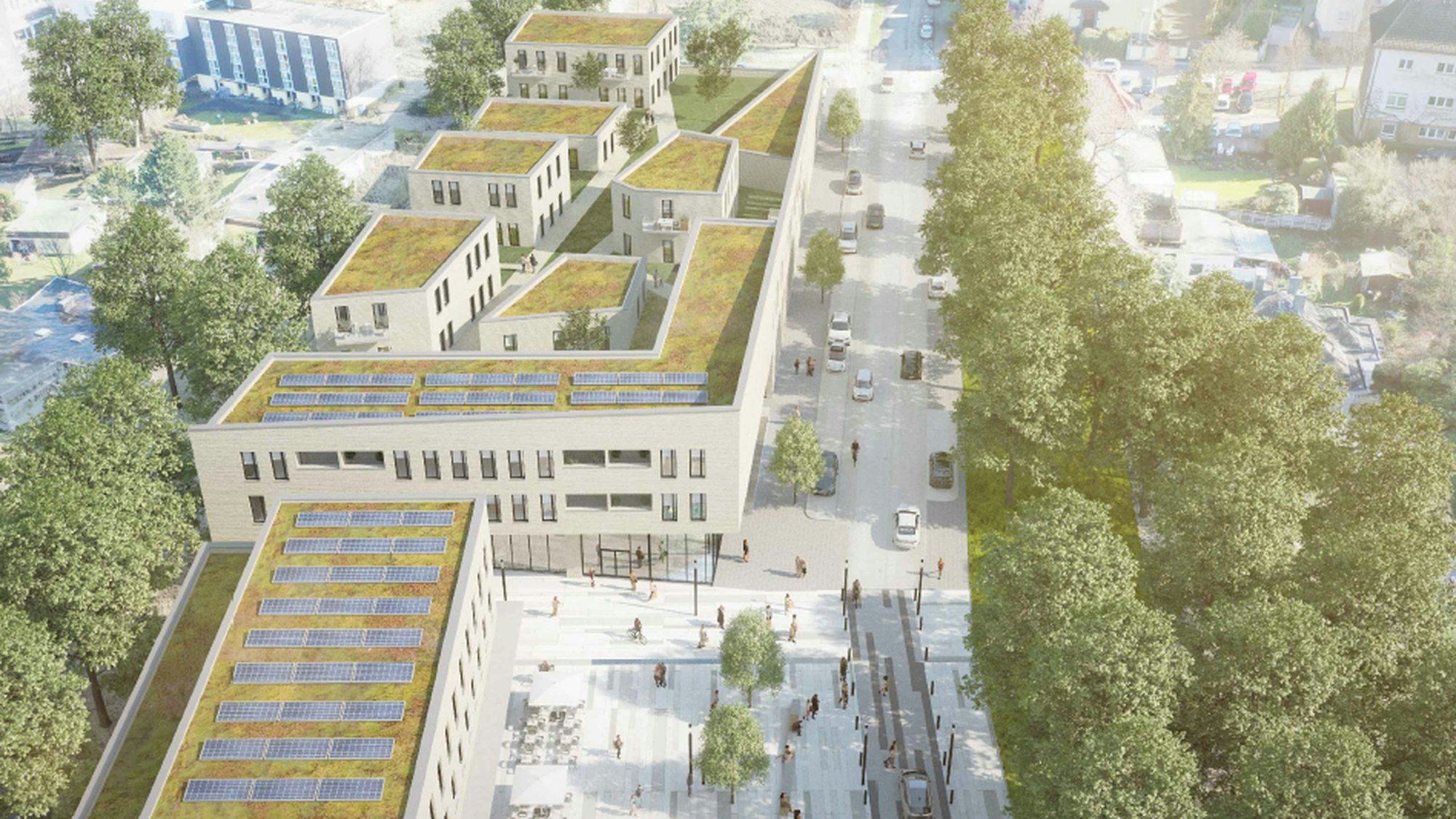 Entwurf des neuen Burscheider Einzelhandelskomplexes zwischen Montanusstraße (rechts) und Radweg (links).