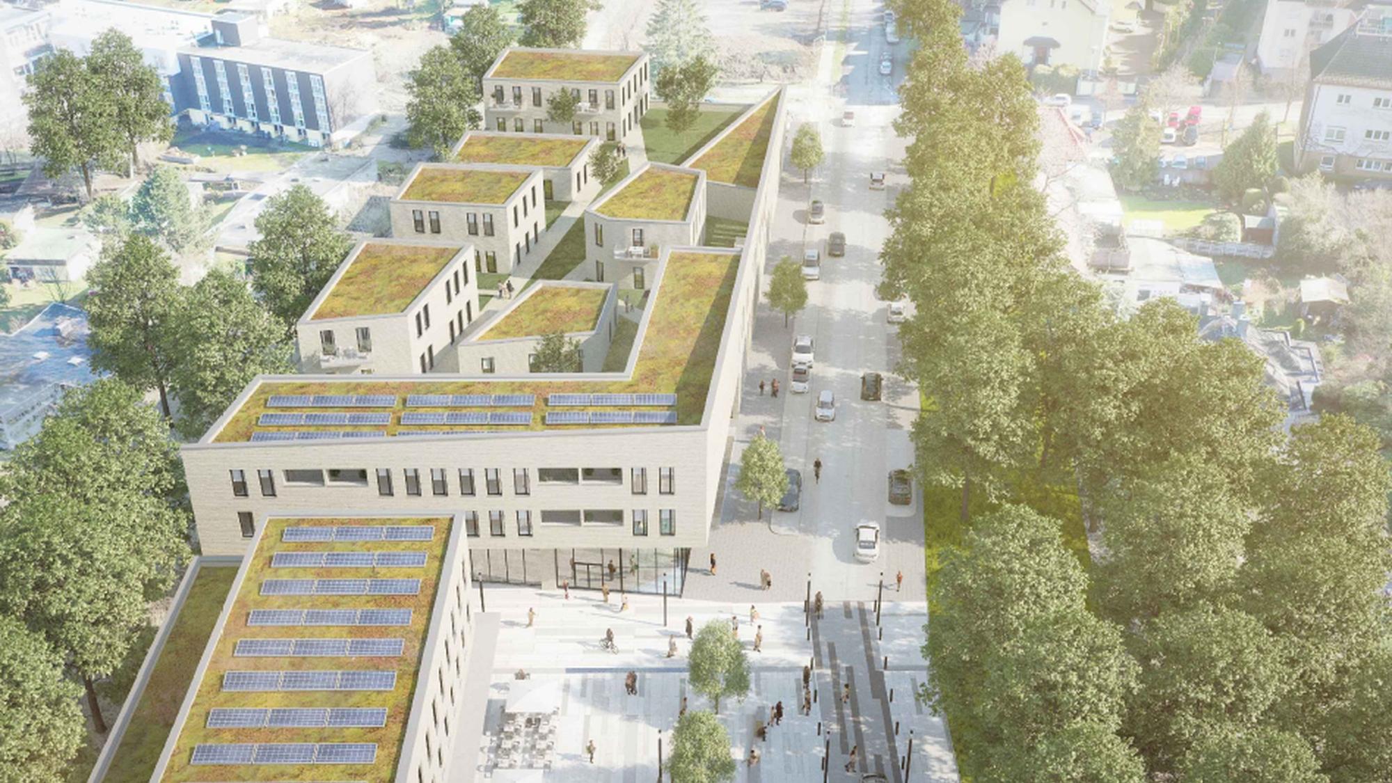 Entwurf des neuen Burscheider Einzelhandelskomplexes zwischen Montanusstraße (rechts) und Radweg (links).