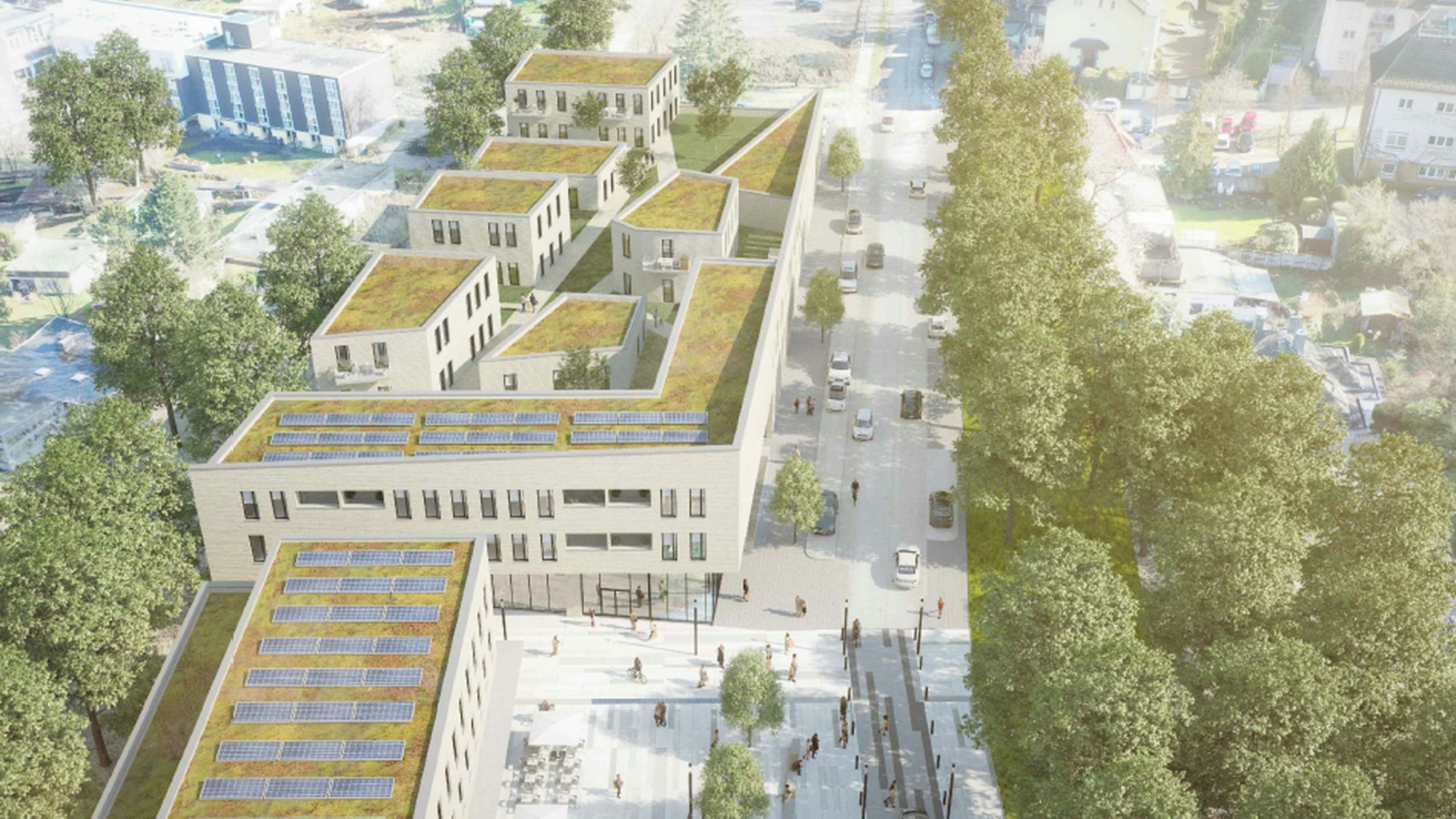 Entwurf des neuen Burscheider Einzelhandelskomplexes zwischen Montanusstraße (rechts) und Radweg (links).