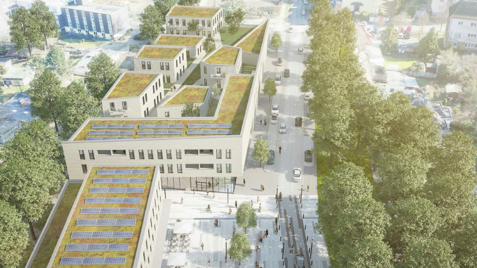 Entwurf des neuen Burscheider Einzelhandelskomplexes zwischen Montanusstraße (rechts) und Radweg (links).