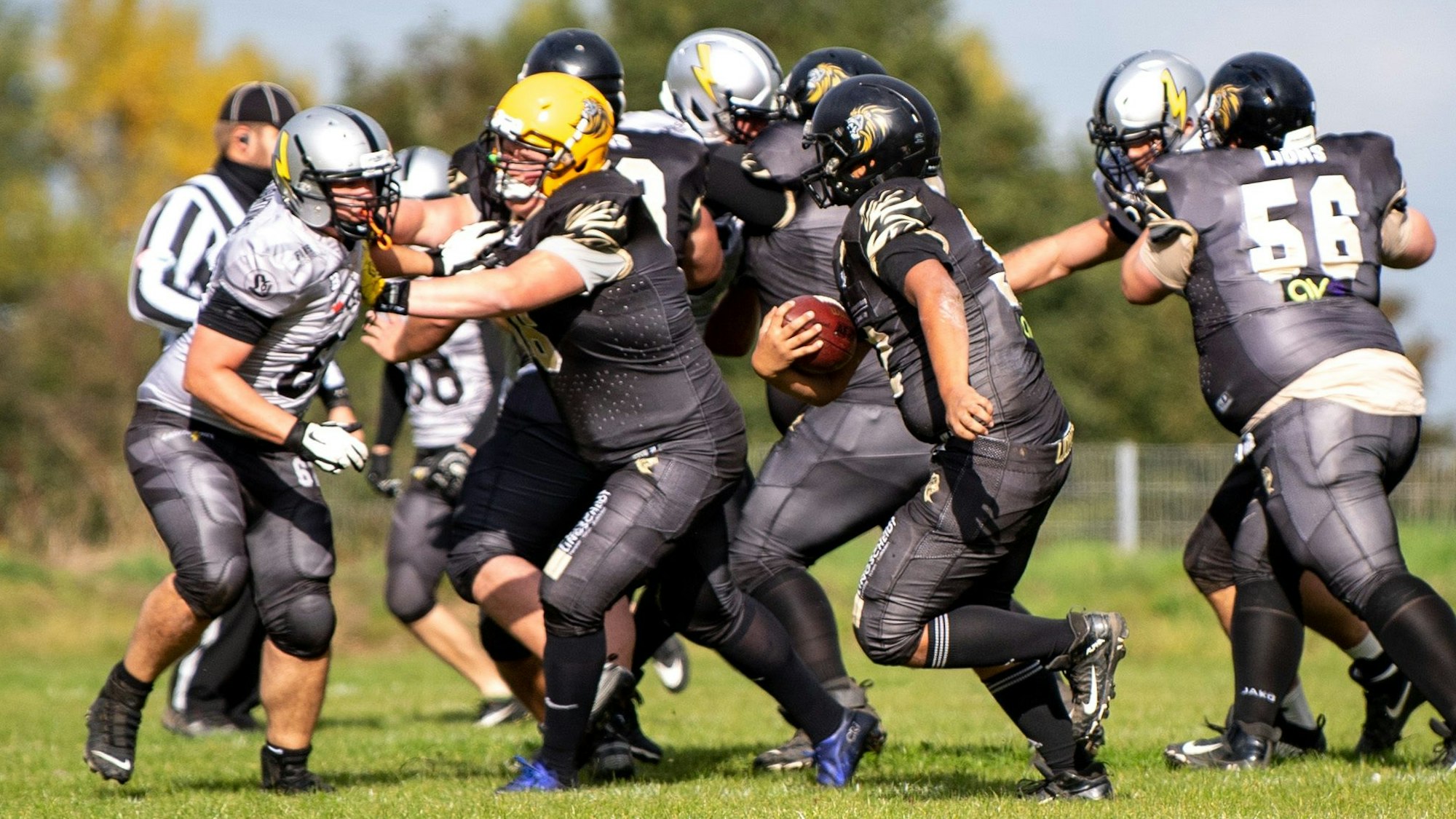 Der Quarterback der Euskirchen Lions versucht, mit einem Laufspiel Punkte zu erzielen. Die Gegner wollen das verhindern.