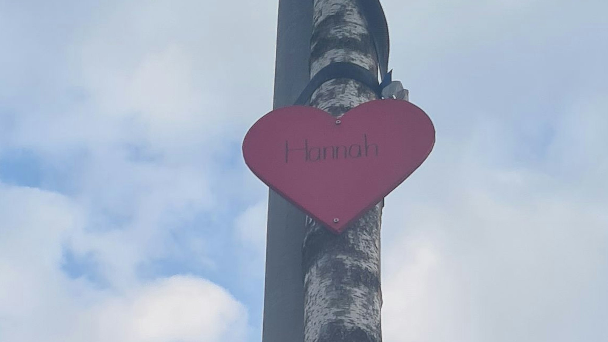 Ein Herz mit der Aufschrift Hannah ist am Baum befestigt.