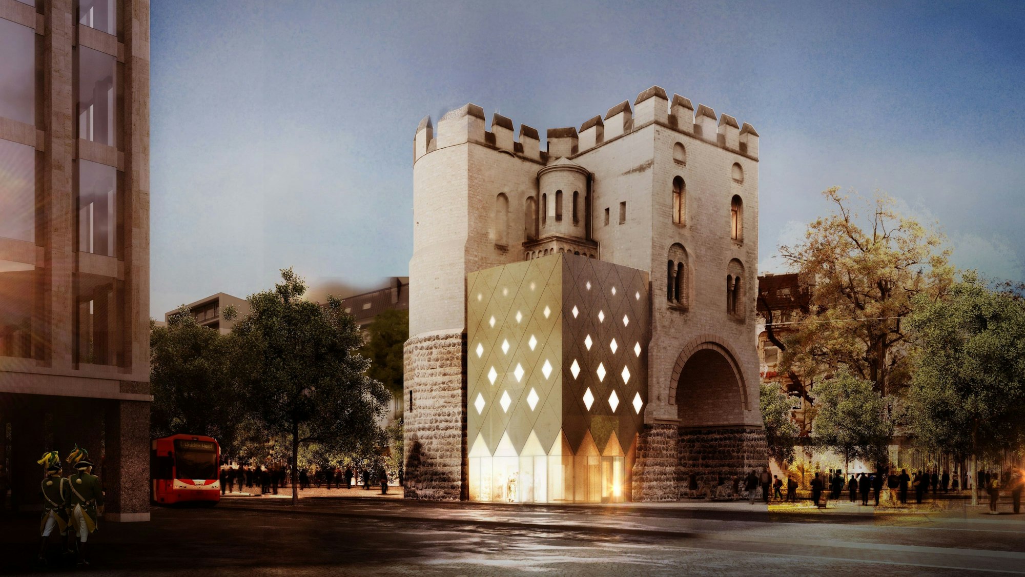 Die Visualisierung zeigt einen geplanten Anbau an die Hahnentorburg.