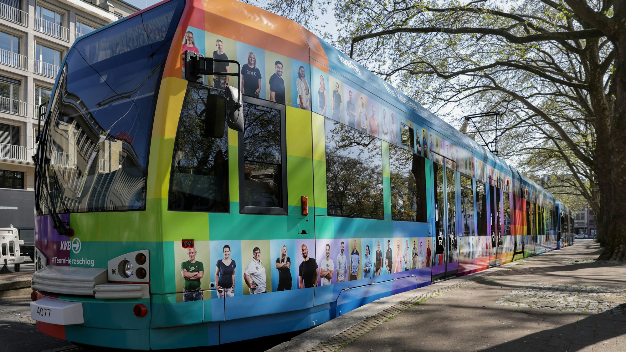 Eine bunt beklebte Straßenbahn am Neumarkt: Die aktuellen Modelle sind 60 Meter lang – künftig sollen 90 Meter lange Bahnen hier fahren.