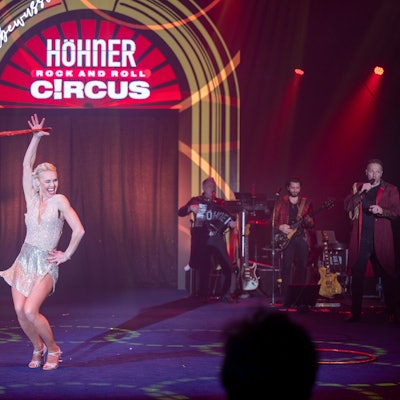 Eine Frau schwingt einen Reifen am Arm, im Hintergrund die Höhner und das Logo des Zirkus‘.