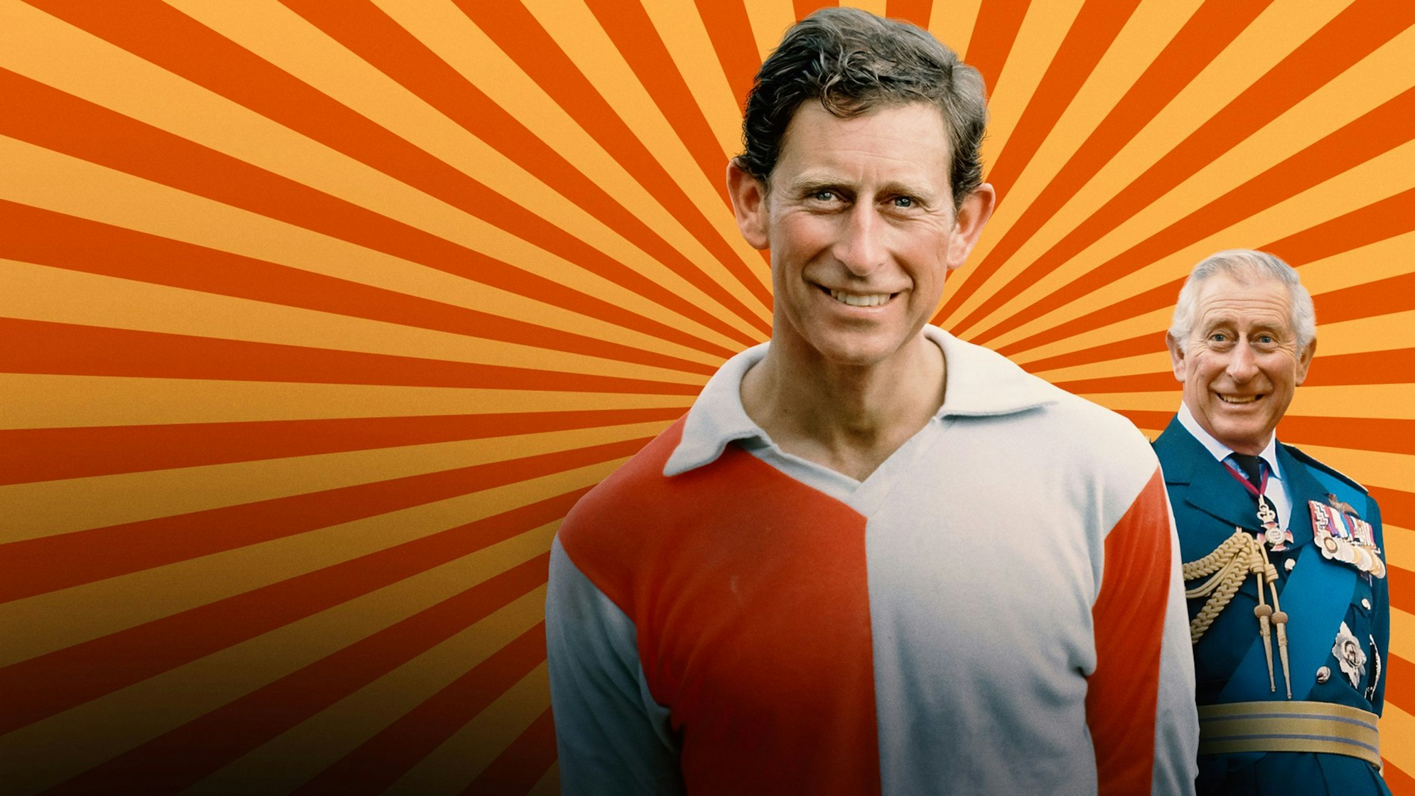 Eine Montage zeigt ein Bild des jungen Prinzen Charles im Vordergrund und dem heutigen König im Hintergrund.