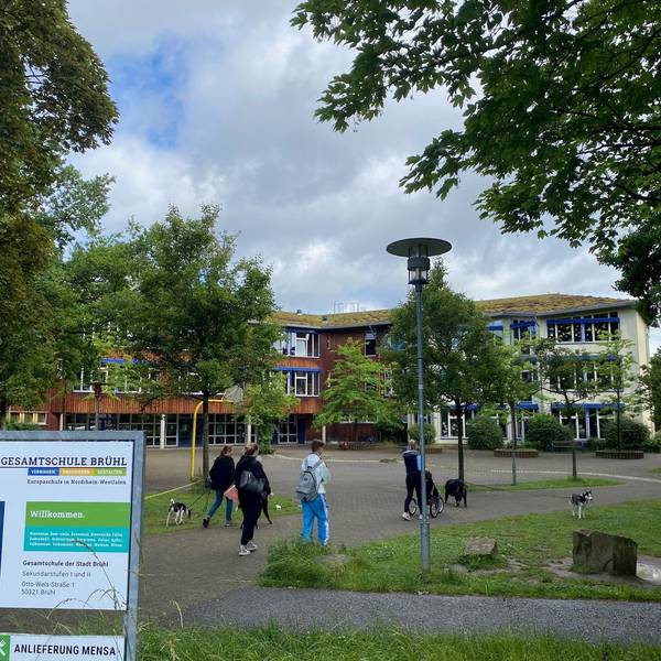 Blick auf den Schulhof der Gesamtschule. Die Gebäude werden zum Teil von grünen Bäumen verdeckt. Zwei Schüler und zwei Spaziergänger mit ihren Hunden laufen vorbei.