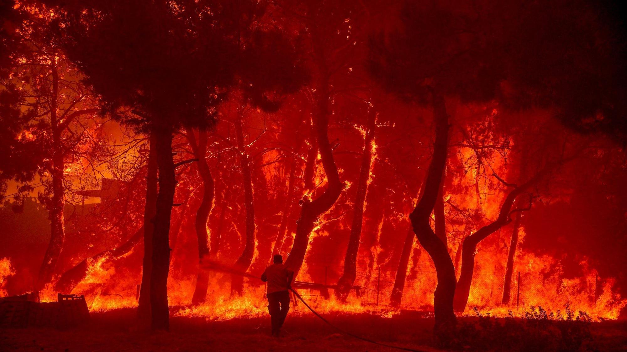 Ein Mann geht mit einem Löschschlauch auf die Flammen eines Waldbrandes auf der Ferieninsel Lesbos zu.