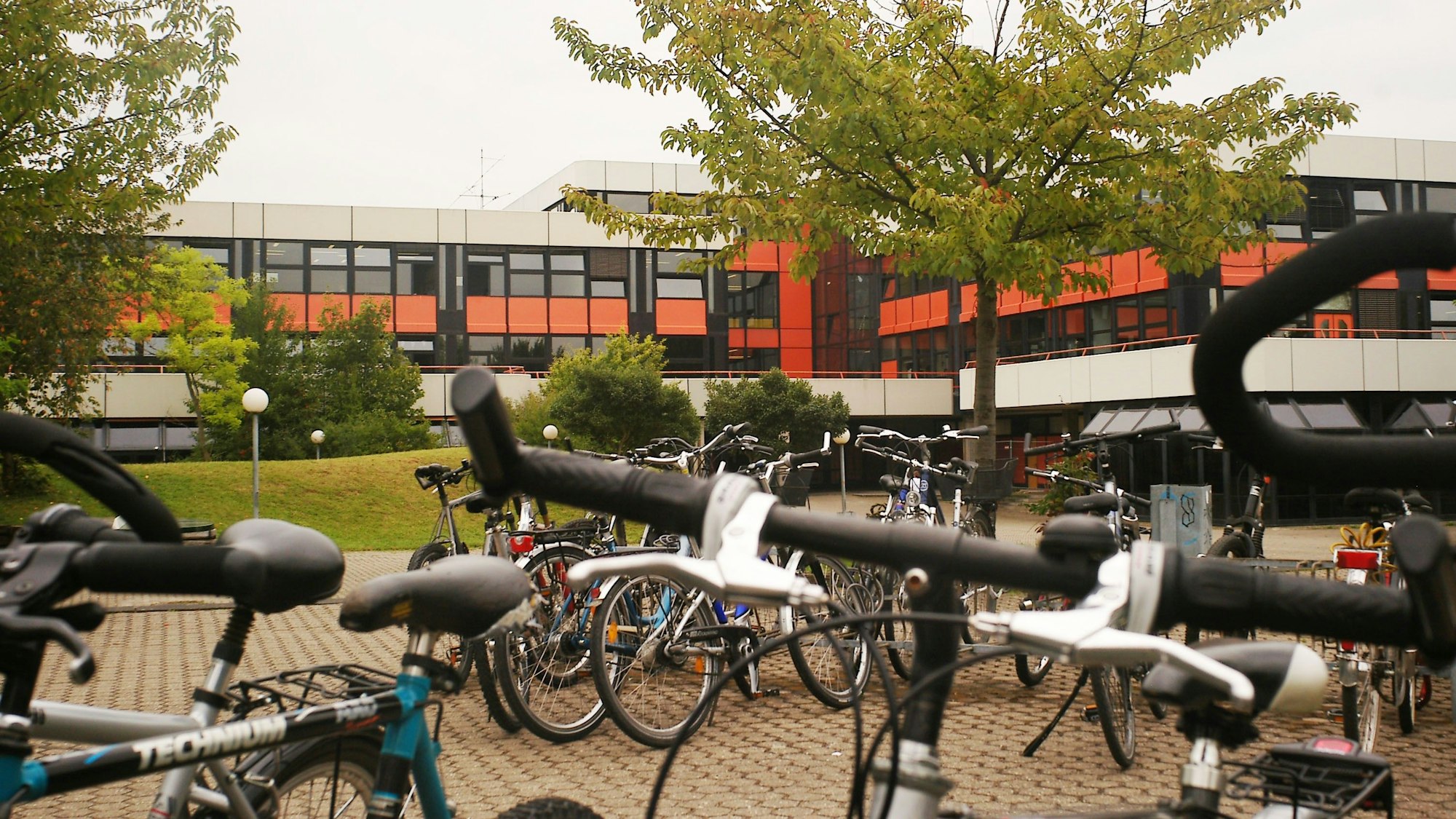 Das Bild zeigt das Europagymnasium in Kerpen. Im Vordergrund stehen Fahrräder und Bäume.