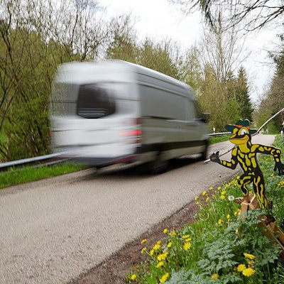 Eine „Lurchi“-Figur steht an der Straße nach Wahld, um die Autofahrer zu sensibilisieren.