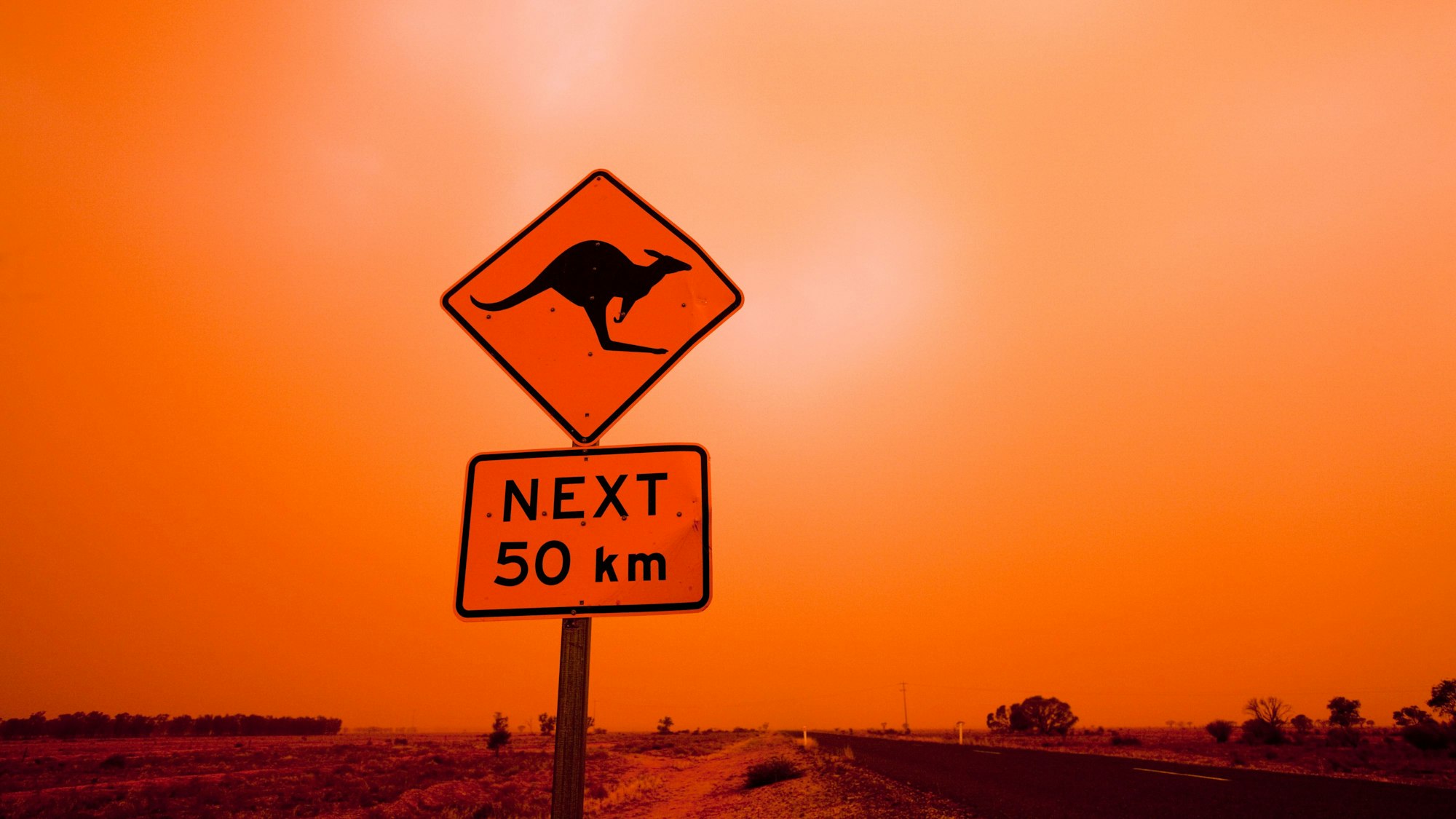 Ein Schild im australischen Outback warnt vor Kängurus, im Hintergrund tobt ein Sandsturm. Das Hinterland in Australien gehört zu den lebensfeindlichsten Umgebungen auf dem Planeten.
