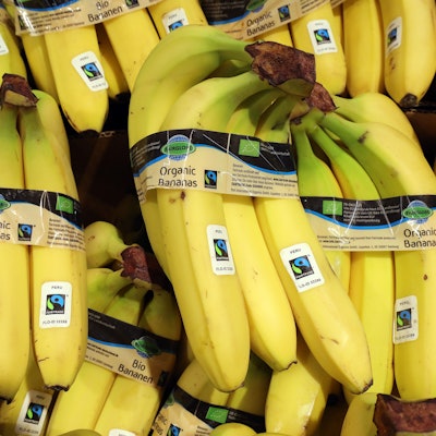 Bio-Bananen werden in einem Supermarkt angeboten.