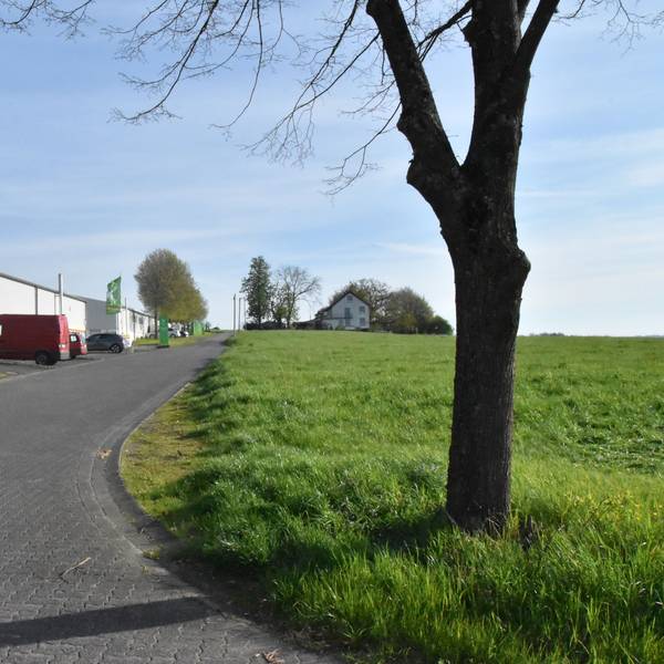Eine Gewerbehalle und ein Stück Ackerland.