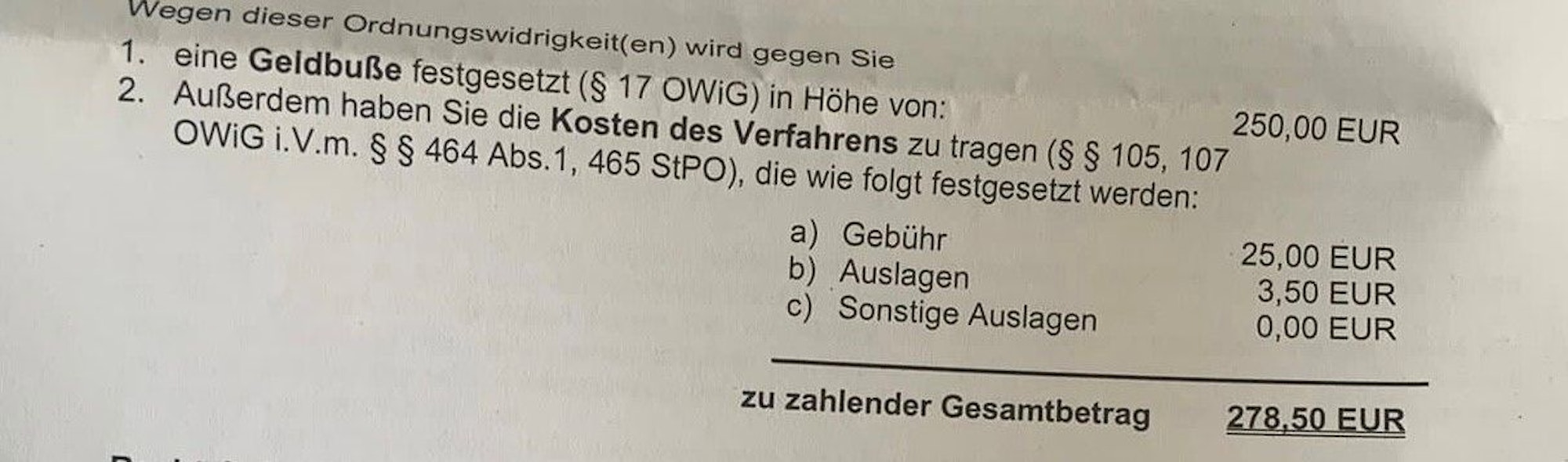Auszug aus dem Bußgeldbescheid gegen die damals 16 Jahre Schülerin