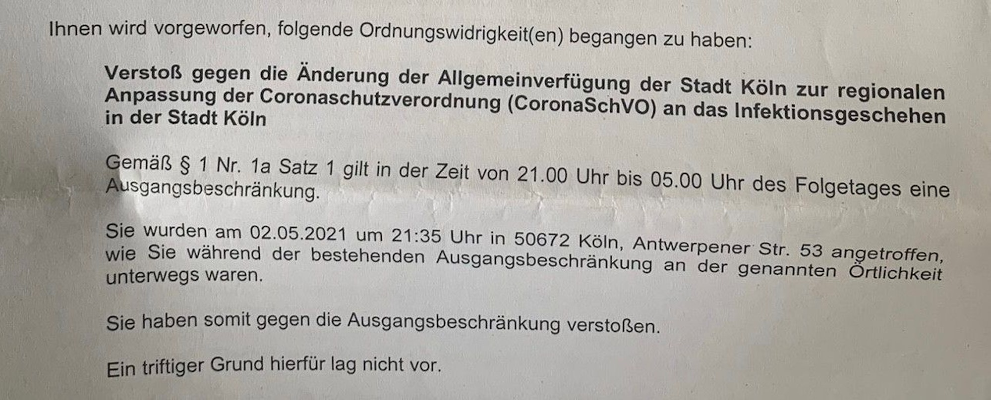 Auszug aus dem Bußgeldbescheid gegen die damals 16 Jahre Schülerin