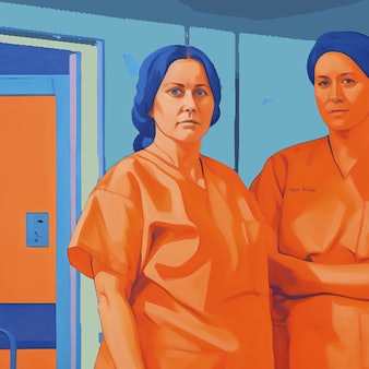 Grafik zweier Hebammen in einer Klinik mit entschlossenem Blick.