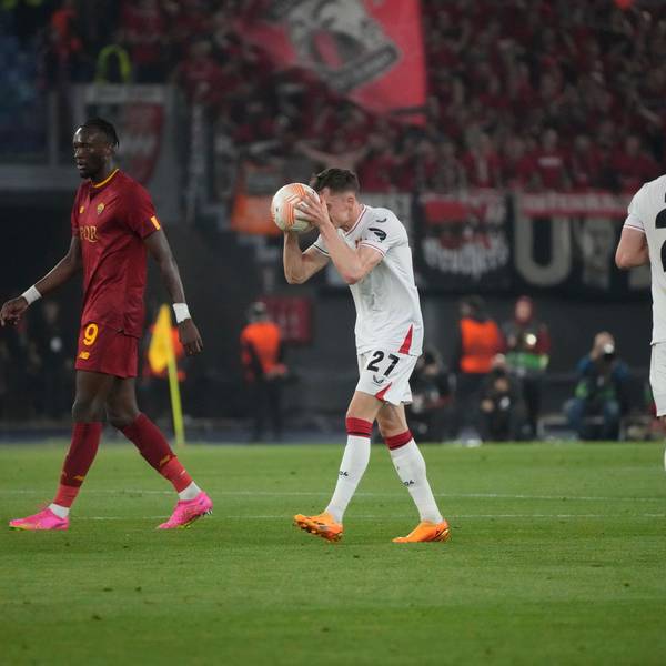 Leverkusen's Florian Wirtz, center, reacts during the Europa League semifinal first leg soccer match between Roma and Bayer 04 Leverkusen at Rome's Olympic stadium, Thursday, May 11, 2023. (AP Photo/Gregorio Borgia)