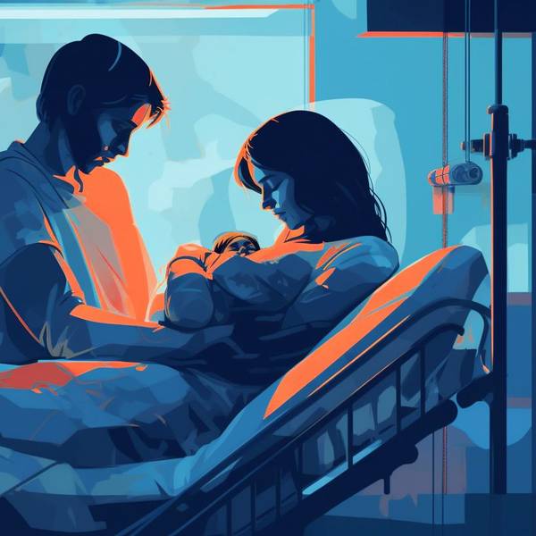 Grafik eines Vaters und einer Mutter, die in einem Krankenhausbett liegen und ein Neugeborenes halten.
