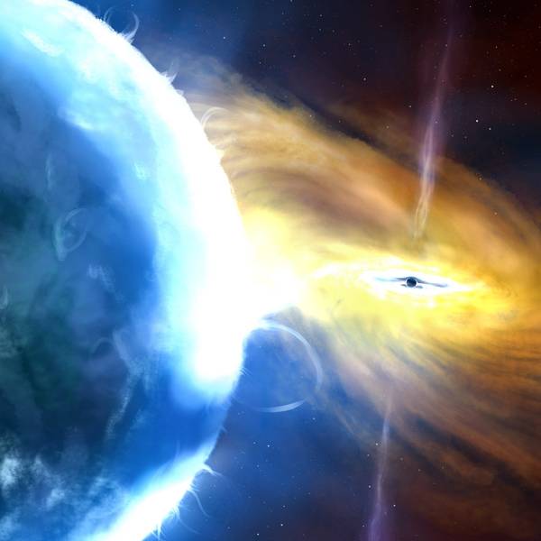 Eine künstlerische Darstellung der gravitationsbedingten Massenzunahme durch Aufsammeln von Materie eines Schwarzen Lochs.