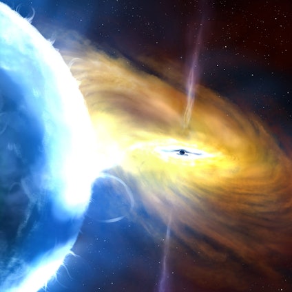 Eine künstlerische Darstellung der gravitationsbedingten Massenzunahme durch Aufsammeln von Materie eines Schwarzen Lochs.
