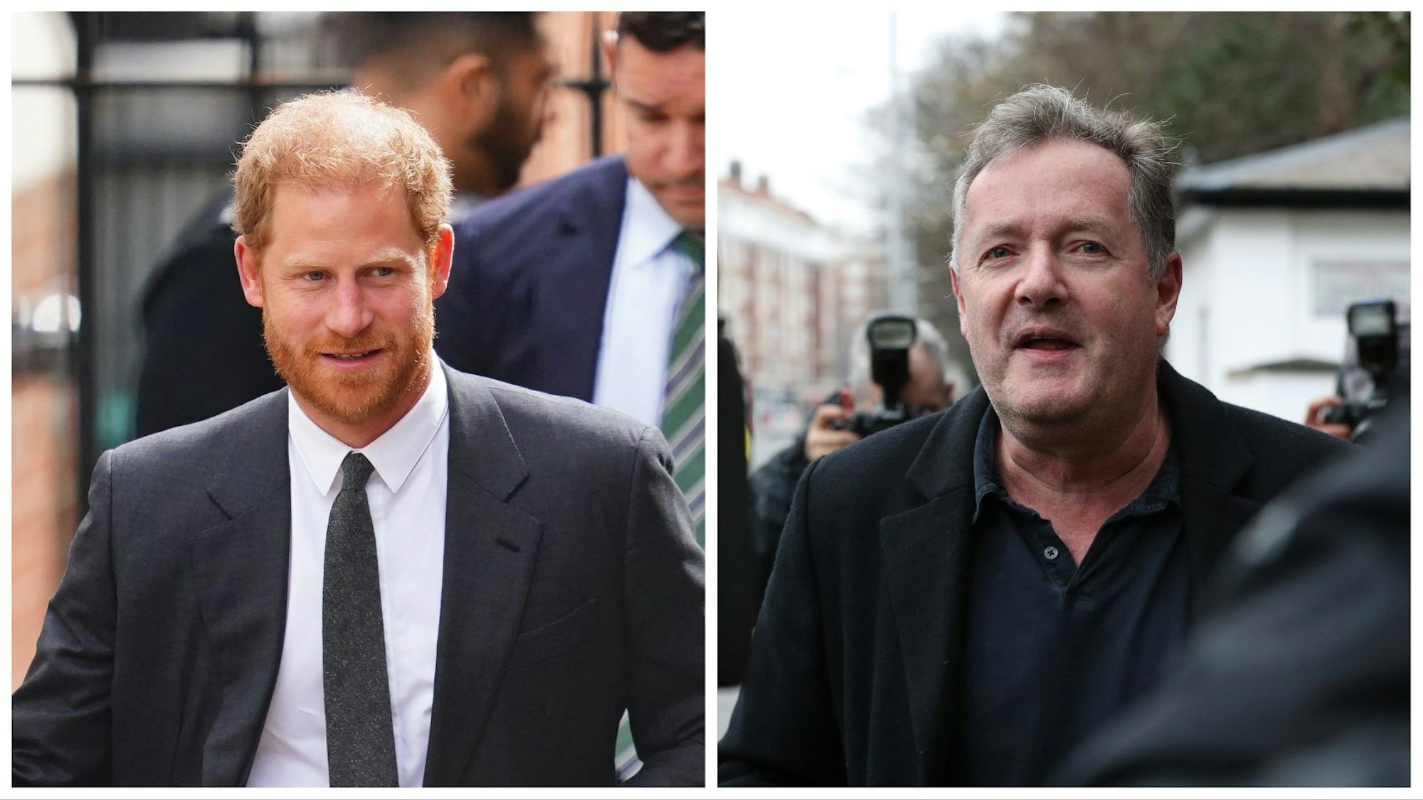 Collage Prinz Harry und Piers Morgan vor der Presse