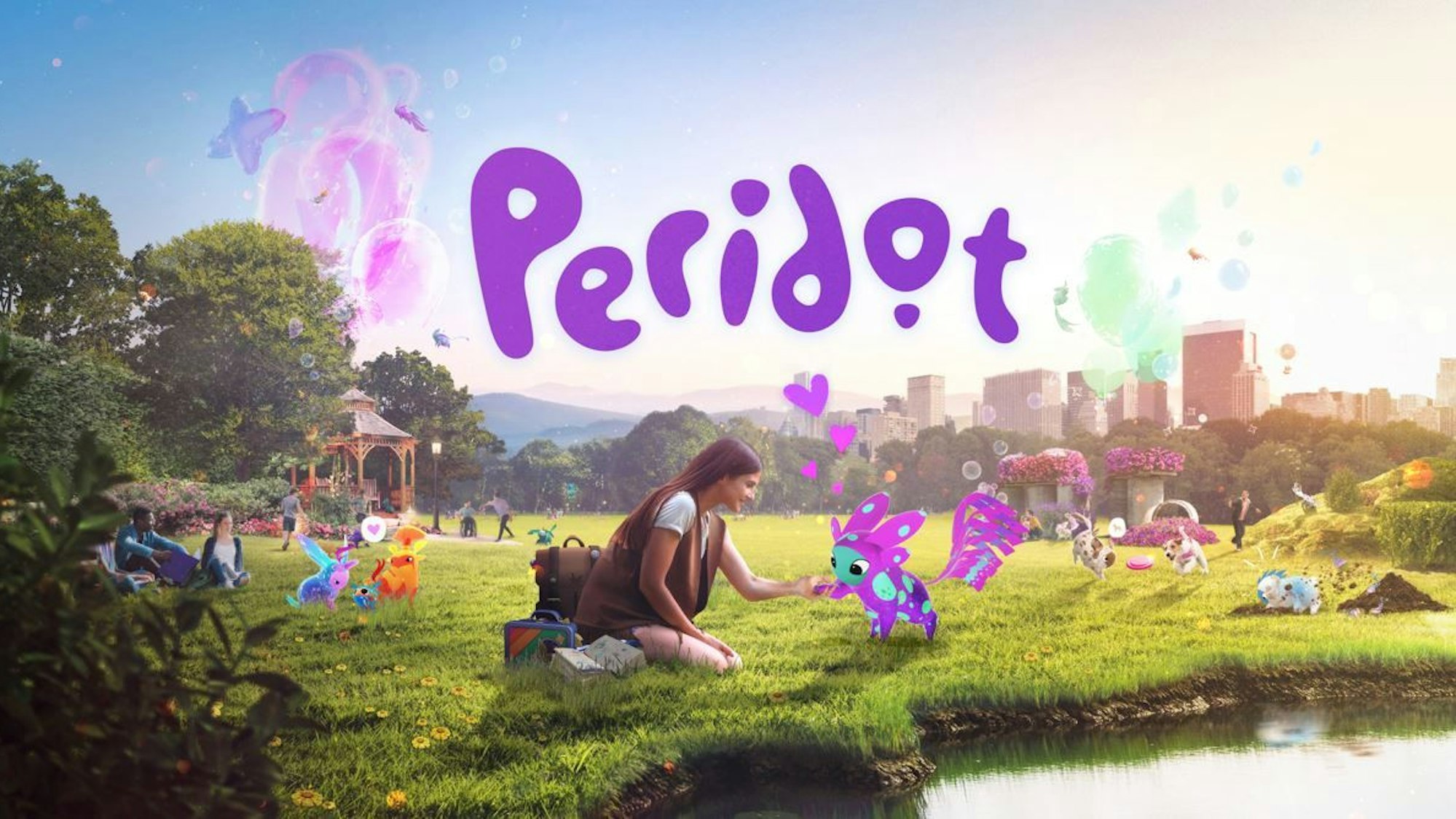 In dem App-Spiel „Peridot“ können Menschen mit virtuellen Wesen in der realen Welt interagieren. Auf dem Bild interagiert eine Frau in einem Park mit einem dieser virtuellen Wesen.