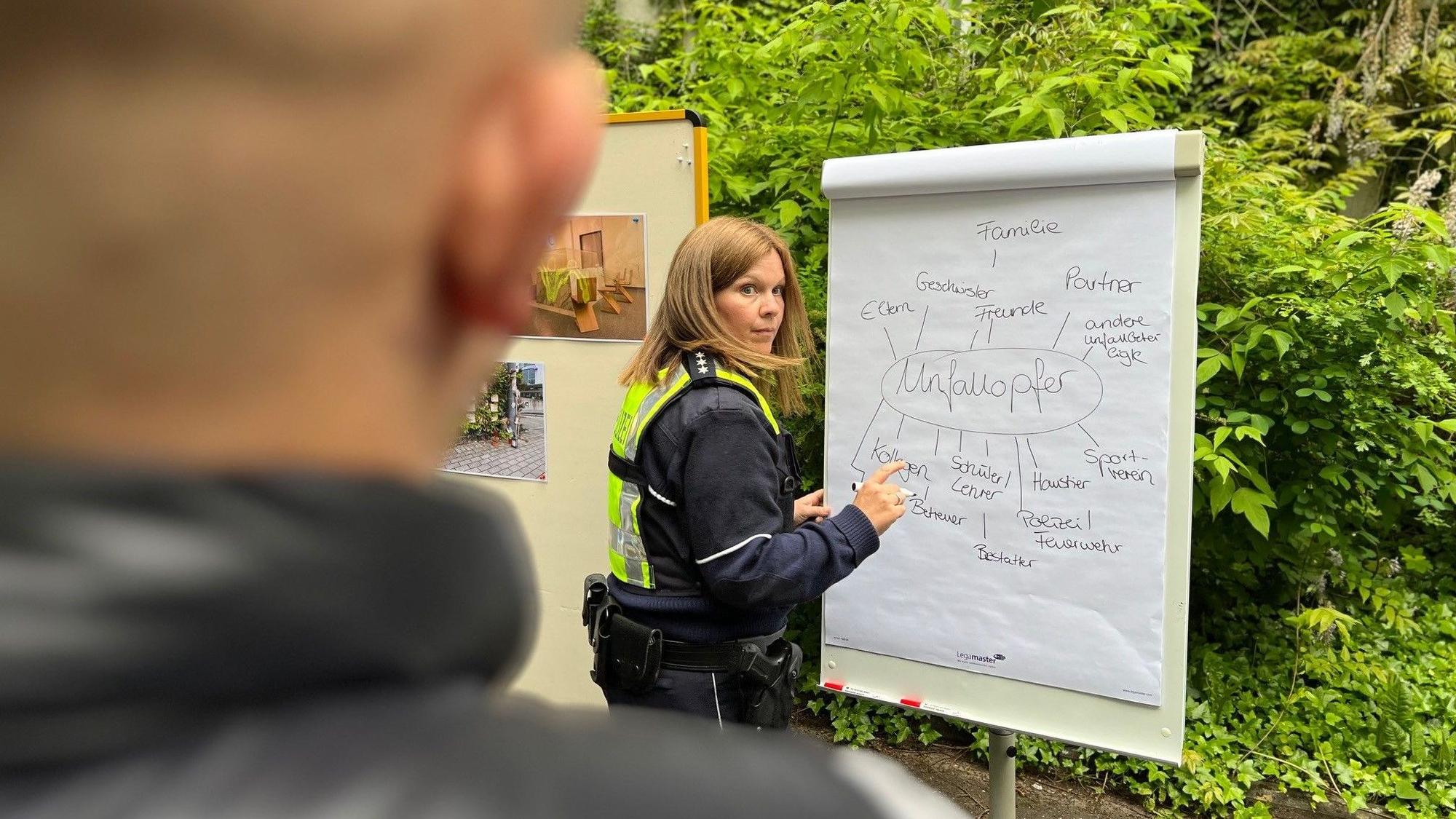 Opferschützerin Martina Scholz bittet die Schülerinnen und Schüler aufzuzählen, wer alles unter den Folgen eines tödlichen Unfalls leidet.