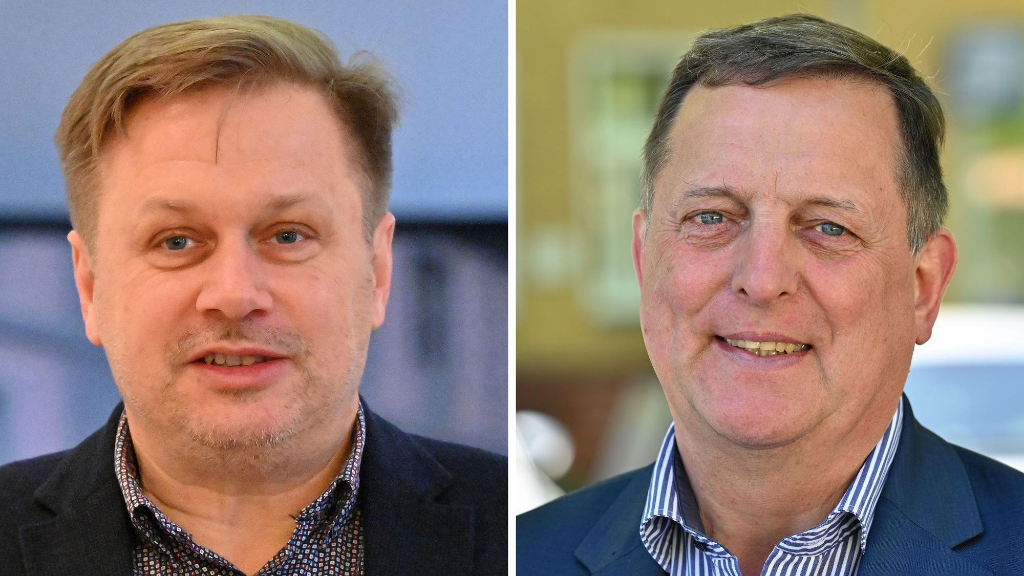 Frank Steffen (l., SPD) hat sich gegen AfD-Kandidat Rainer Galla bei der Wahl des Landrats im brandenburgischen Landkreis Oder-Spree durchgesetzt.