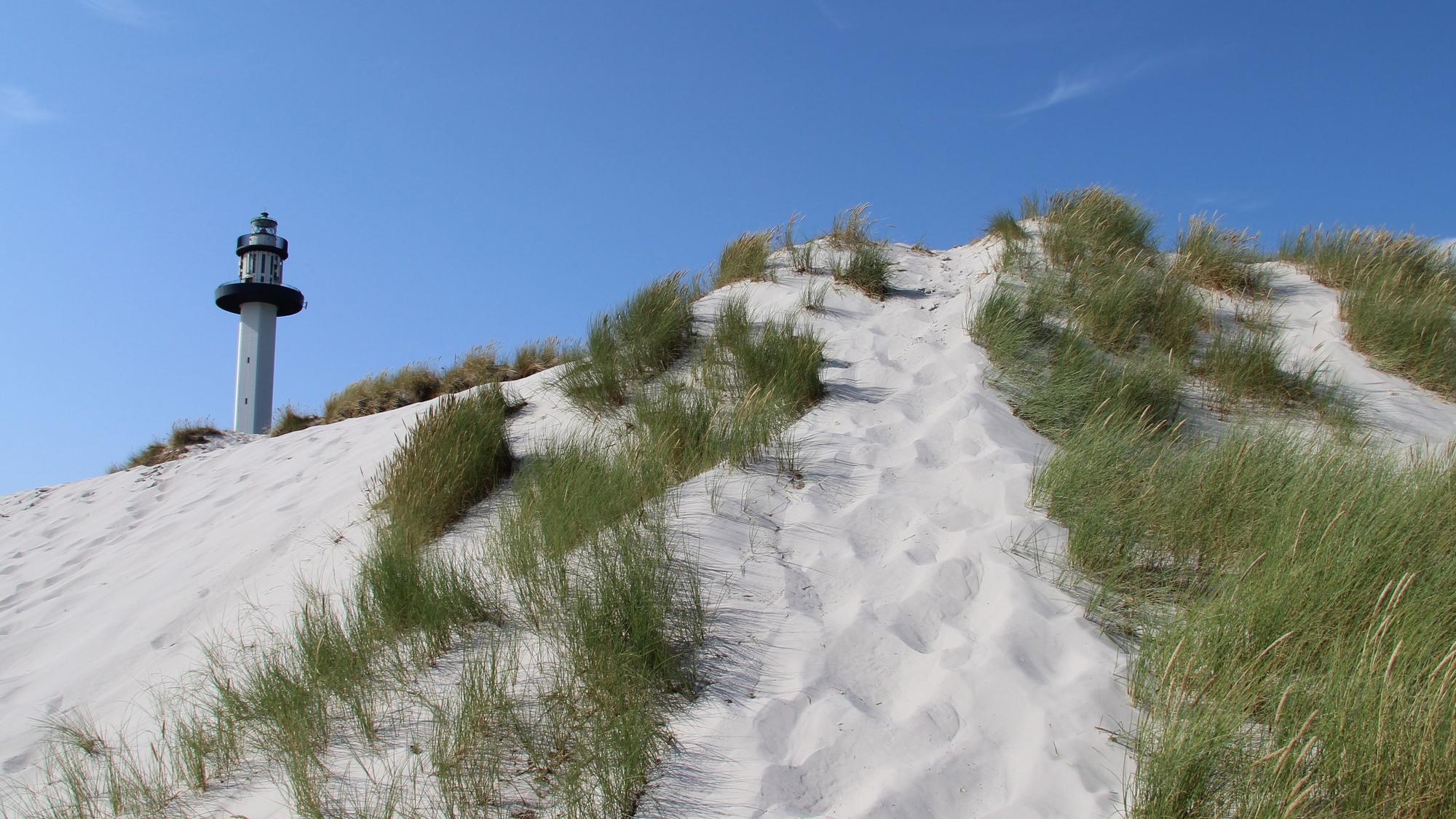Dünen auf der dänischen Ostseeinsel Bornholm. Im Hintergrund ist ein Leuchtturm an der Ostseeküste zu sehen.