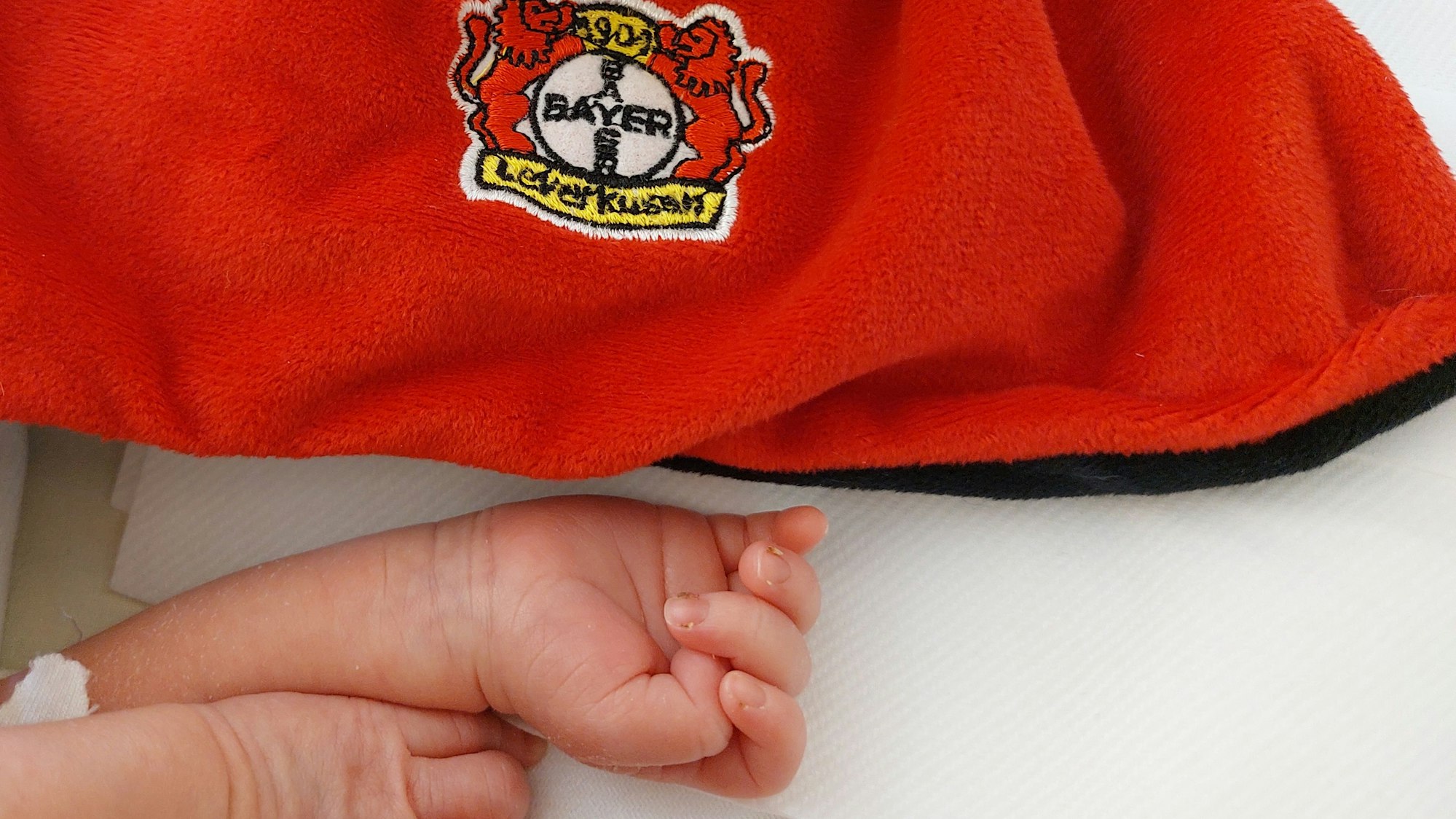 Eine Bayer-04-Decke, daneben zwei Babyhände und ein Stofftier.