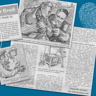 Zeitungsausschnitte aus dem Jahr 1959 zeigen Texte und Bilder der neunteiligen Fortsetzungsgeschichte aus dem Kölner Stadt-Anzeiger über das Verschwinden der Witwe Graß. Der Kriminalfall sorgte Jahrzehnte lang für Aufsehen und Spekulationen. Die Bilder zeigen unter anderem den verwunschenen Gutshof am Botanischen Garten und den Angeklagten Josef Ludwigs (oben rechts)