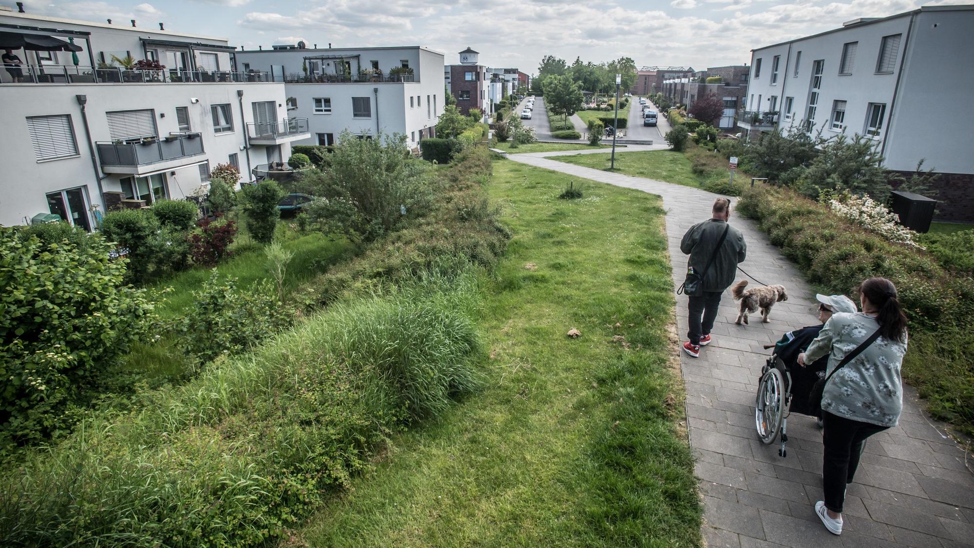 Die weißen Häuser links und rechts des Fußwegs gehören zur Nutzergenossenschaft Neue Bahnstadt Opladen (NgNBsO) an der Adam-Riese-Straße.