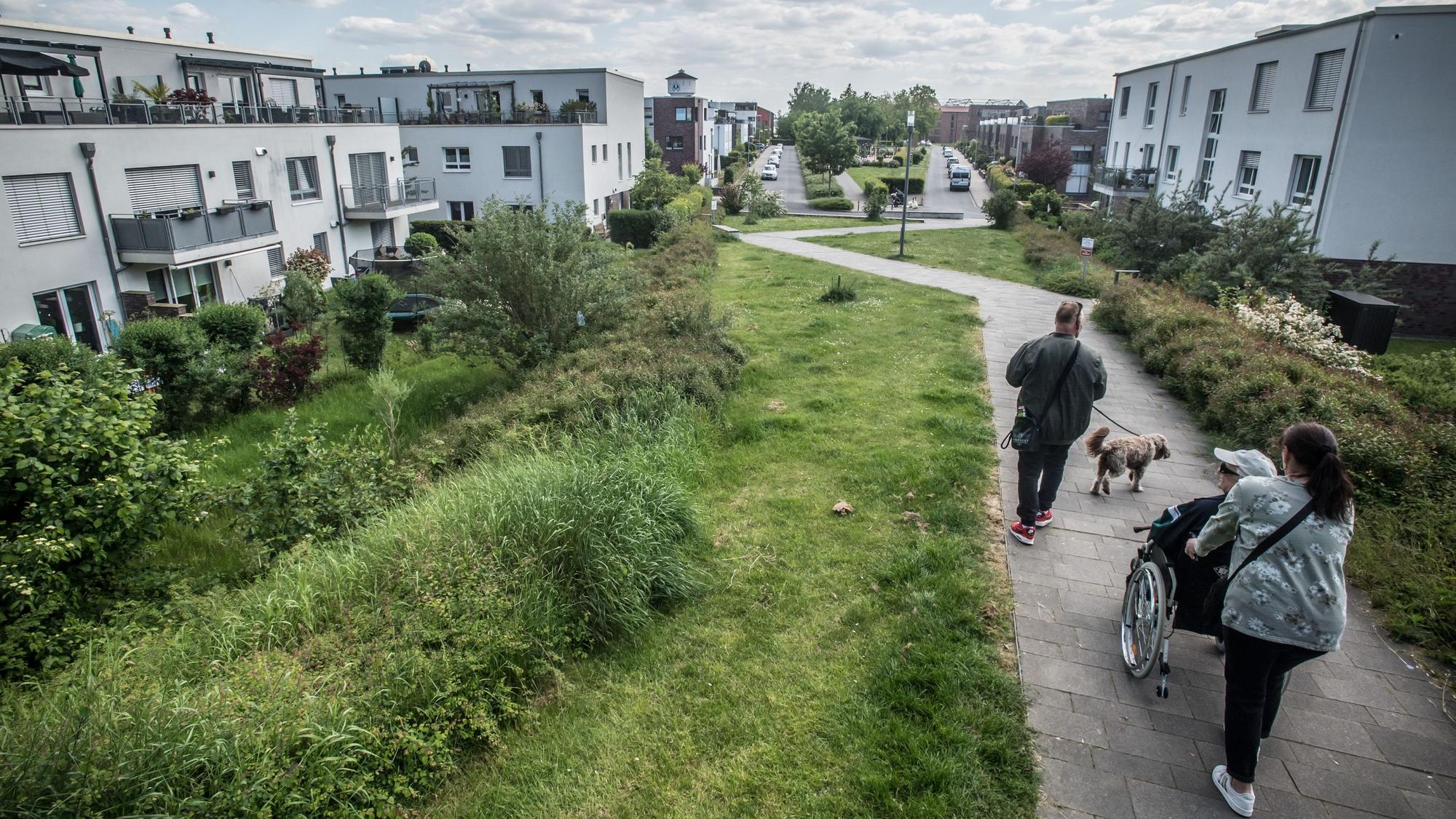 Die weißen Häuser links und rechts des Fußwegs gehören zur Nutzergenossenschaft Neue Bahnstadt Opladen (NgNBsO) an der Adam-Riese-Straße.