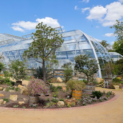 Das Bild zeigt die Schaugewächshäuser von außen.